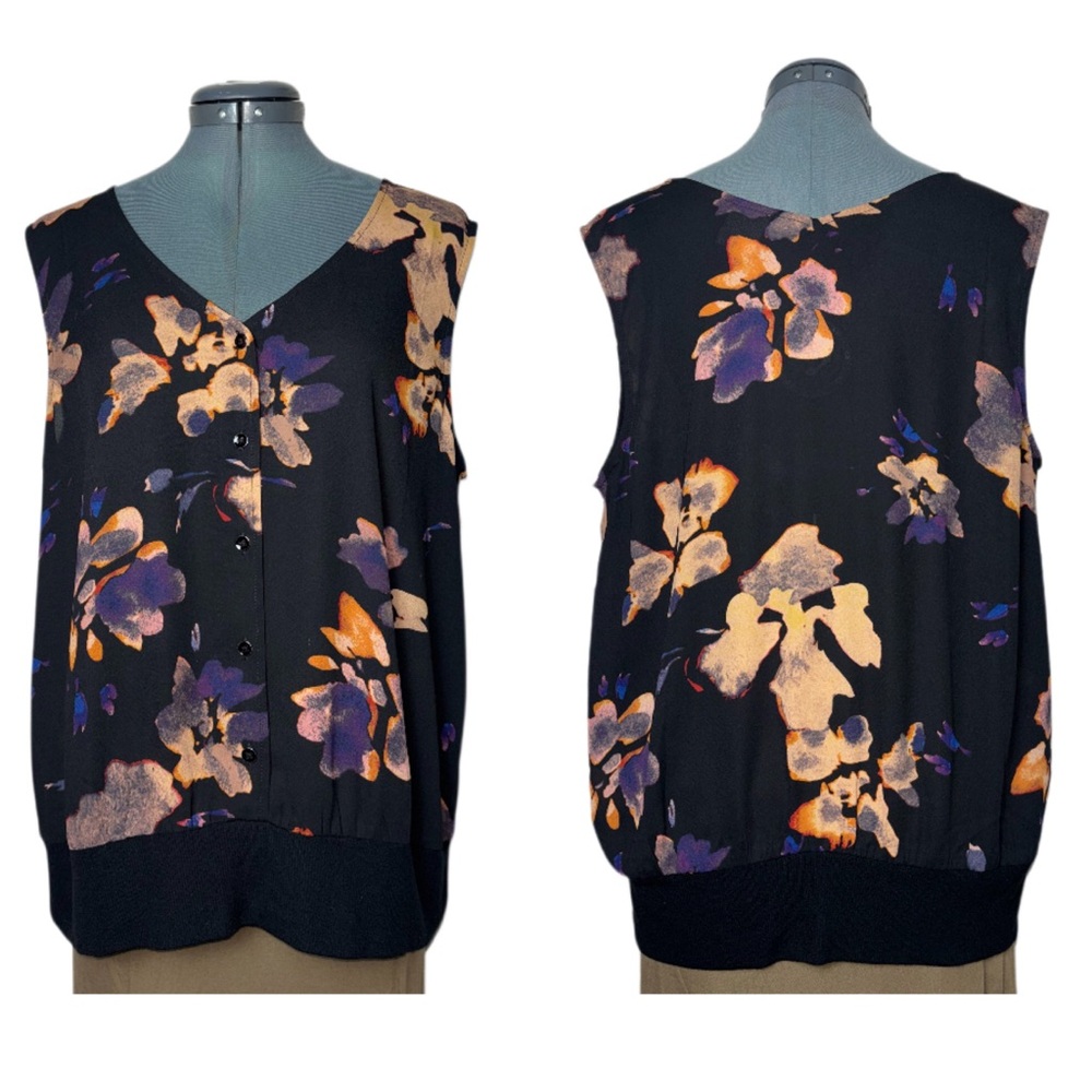 CAbi Black Floral Sleeveless Button Front Blouse with Orange and Purple Accents